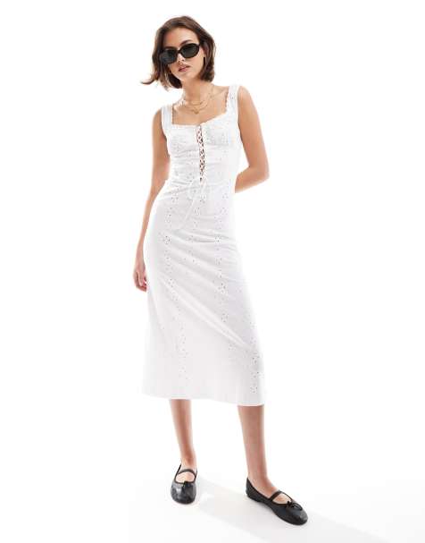 ASOS DESIGN - Midi jurk met camibandjes, broderie en korsetlijfje in wit - view 1