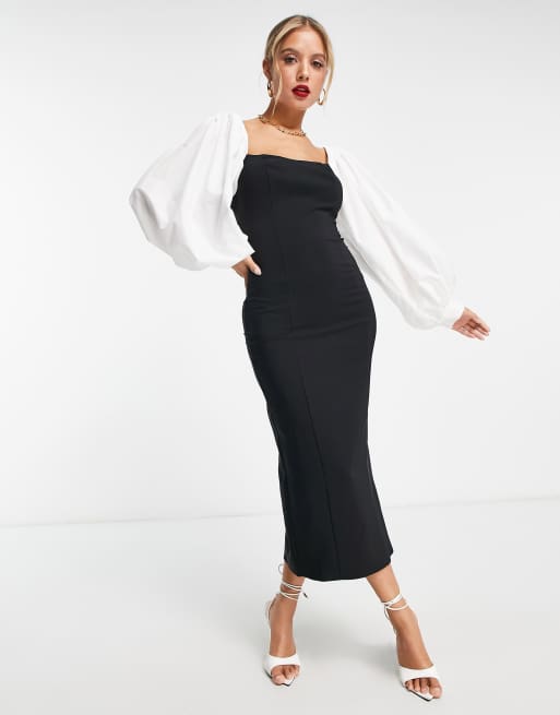 ASOS DESIGN - Midi-jurk met contrasterende mouwen in zwart 