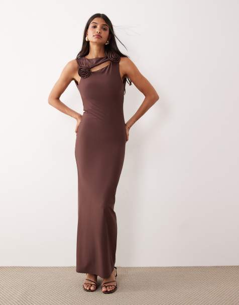 ASOS DESIGN - Midi jurk met corsages in chocoladebruin - view 1