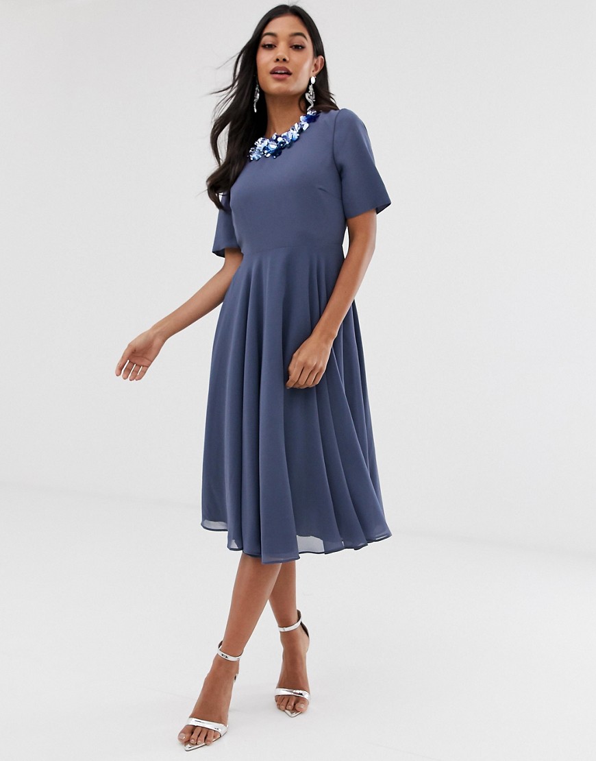 ASOS DESIGN - Midi-jurk met crop top en versierde halslijn-Blauw