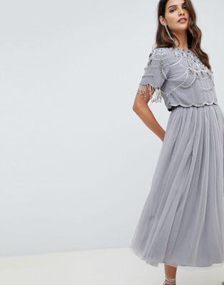 ASOS DESIGN - Midi-jurk met crop top, franjes en tule-Grijs