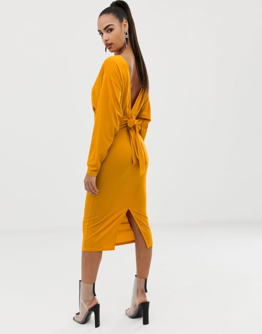 ASOS DESIGN Midi jurk met diepe V hals en gestrikte achterkant