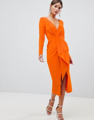 ASOS DESIGN - Midi-jurk met diepuitgesneden waterval-hals en lange mouwen-Oranje