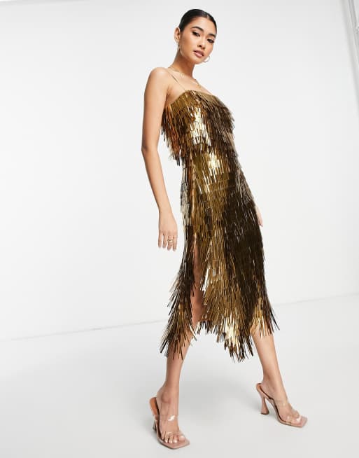 ASOS DESIGN - Midi jurk met doorschijnende taille en lovertjes in goud 