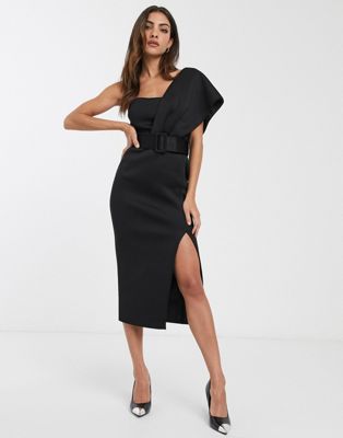 ASOS DESIGN - Midi-jurk met één blote schouder en riem van scubastof-Zwart