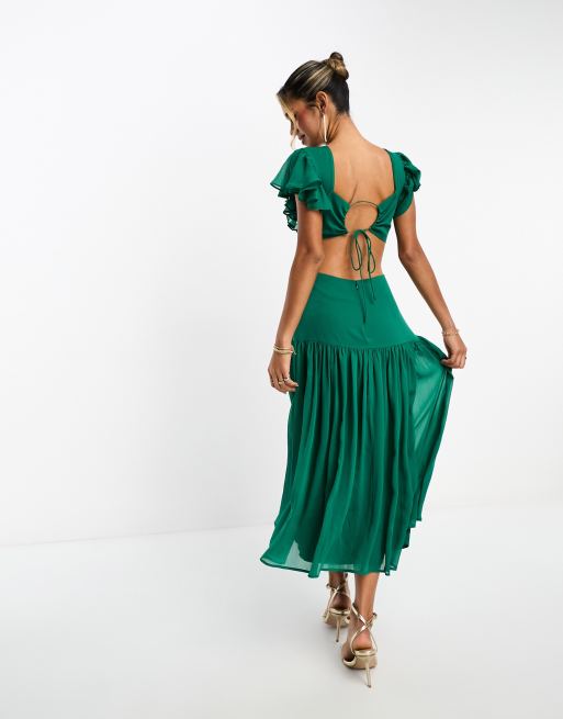 ASOS DESIGN - Midi jurk met fladdermouwen, ruches en open achterkant in bosgroen, 2 van 4