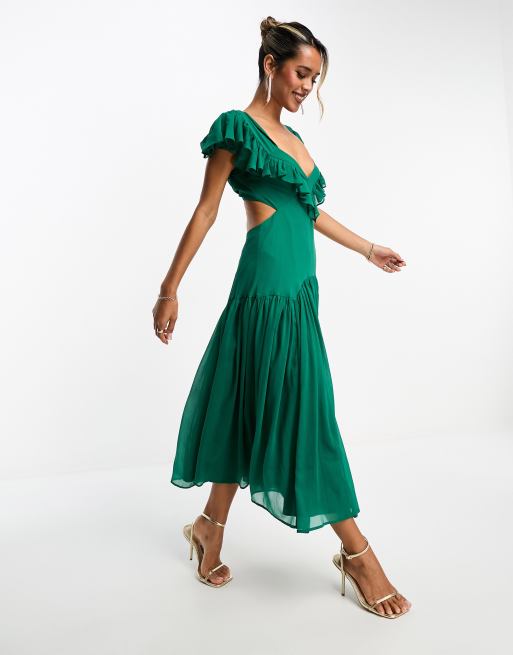ASOS DESIGN - Midi jurk met fladdermouwen, ruches en open achterkant in bosgroen, 4 van 4
