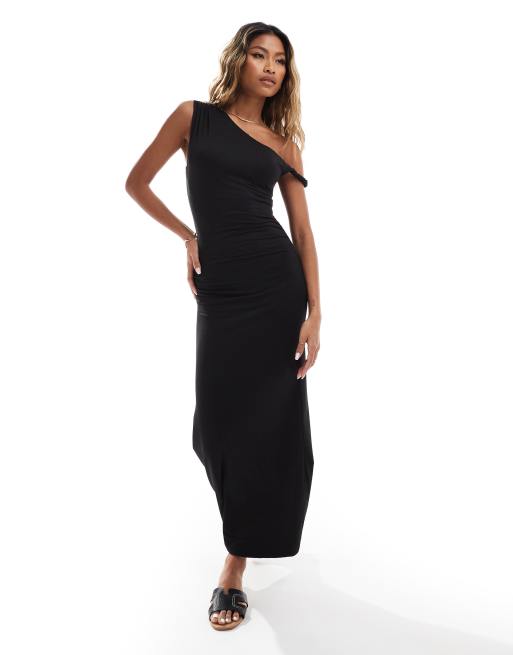 ASOS DESIGN - Midi jurk met gedraaid bandje en blote schouder in zwart
