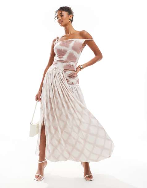 ASOS DESIGN - Midi-jurk met gedraaid detail, omgevouwen rok en bruine tie-dyeprint - view 1