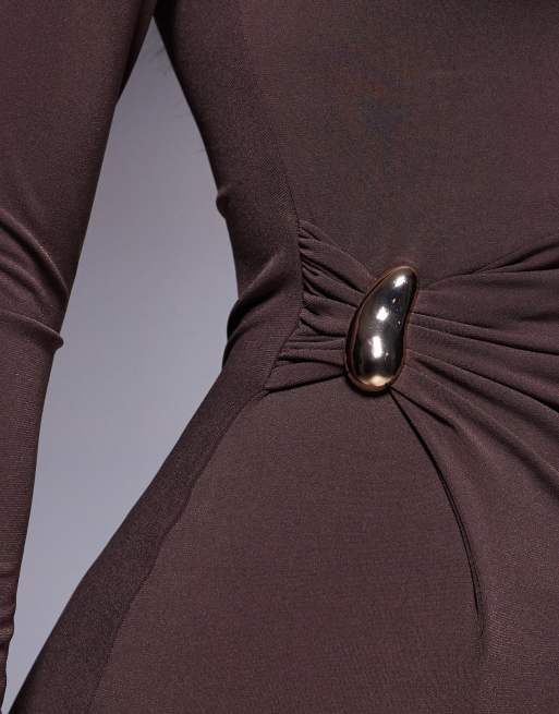ASOS DESIGN - Midi-jurk met gedraaide hardware en lange mouwen in chocoladebruin, 3 van 4