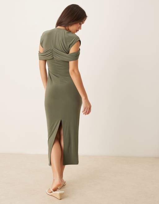 ASOS DESIGN - Midi-jurk met gedraaide schouderbandjes in kaki, 3 van 4