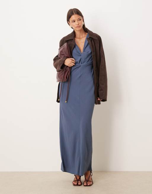 ASOS DESIGN - Midi jurk met gedrapeerde geknoopte voorkant in denimblauw, 2 van 4