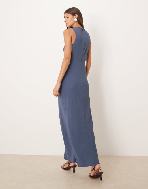 ASOS DESIGN - Midi jurk met gedrapeerde geknoopte voorkant in denimblauw, 4 van 4