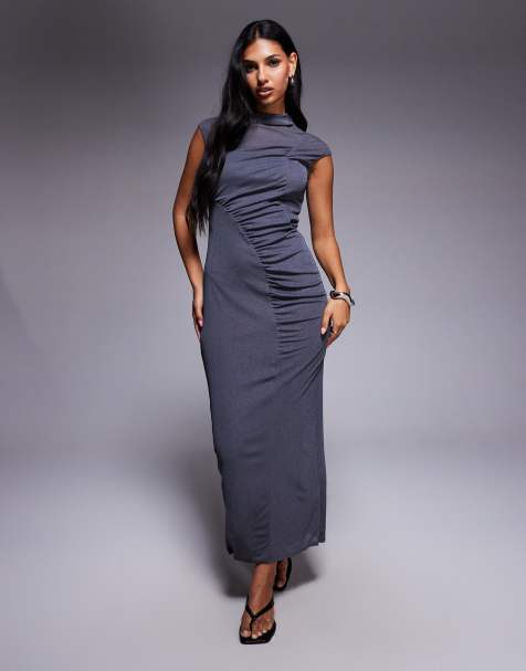ASOS DESIGN - Midi jurk met gedrapeerde gerimpelde voorkant in antracietgrijs - view 1