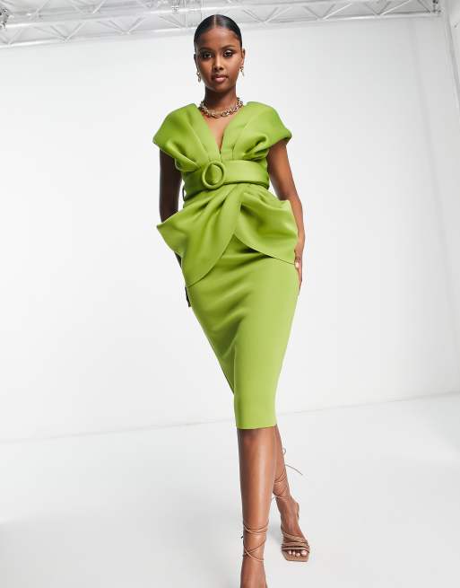 ASOS DESIGN - Midi-jurk met gedrapeerde schouders en riem in olijfgroen