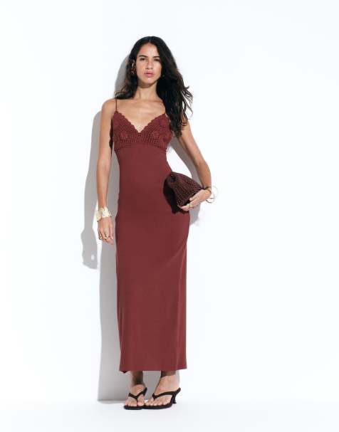 ASOS DESIGN - Midi jurk met gehaakt detail en bandjes in roestbruin - view 1