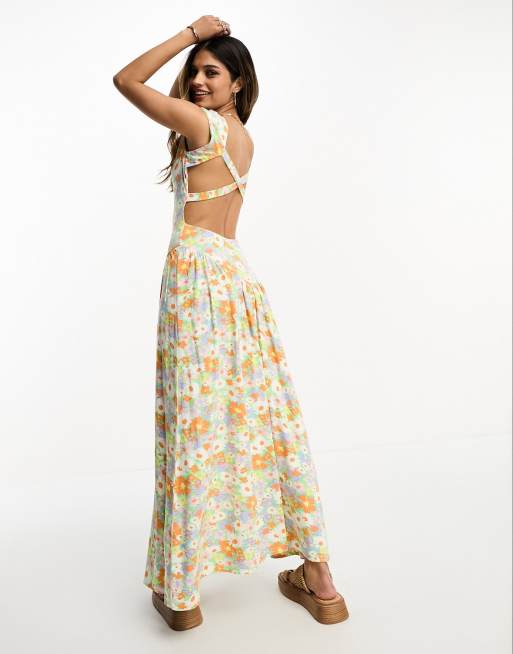 ASOS DESIGN - Midi jurk met gekruiste achterkant, kapmouwtjes en volumineuze rok in vintage fijne print 