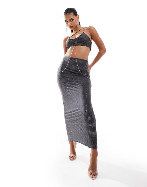 ASOS DESIGN - Midi-jurk met gekruiste bandjes en siersteentjes in grijs
