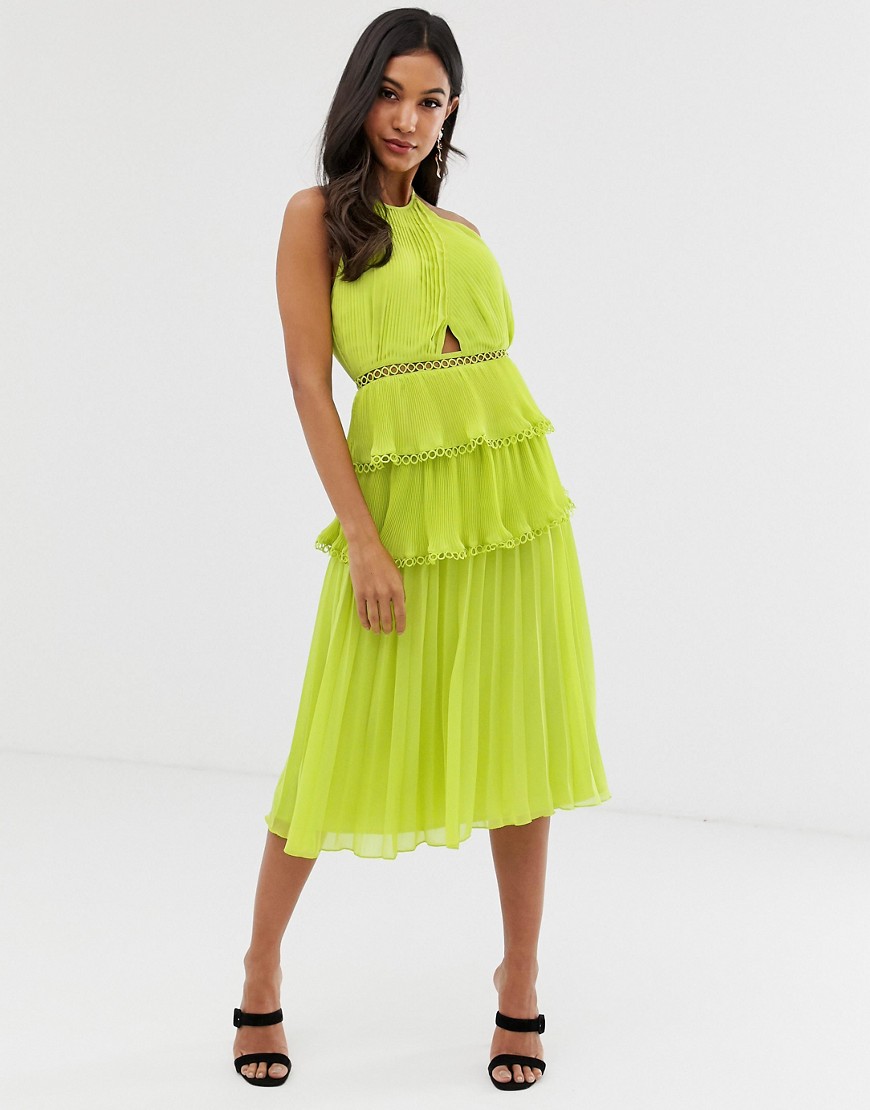 ASOS DESIGN - Midi-jurk met gekruiste voorkant, kanten afwerking en gelaagde rok-Groen
