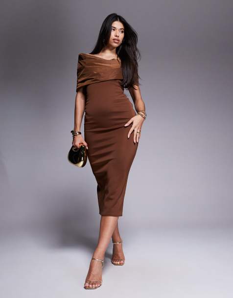 ASOS DESIGN - Midi-jurk met gemanipuleerd tafzijde lijfje en details in mokka - view 1