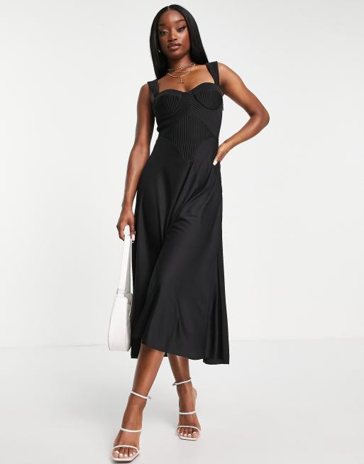 ASOS DESIGN - Midi jurk met geplooid korset en hartvormige halslijn in zwart