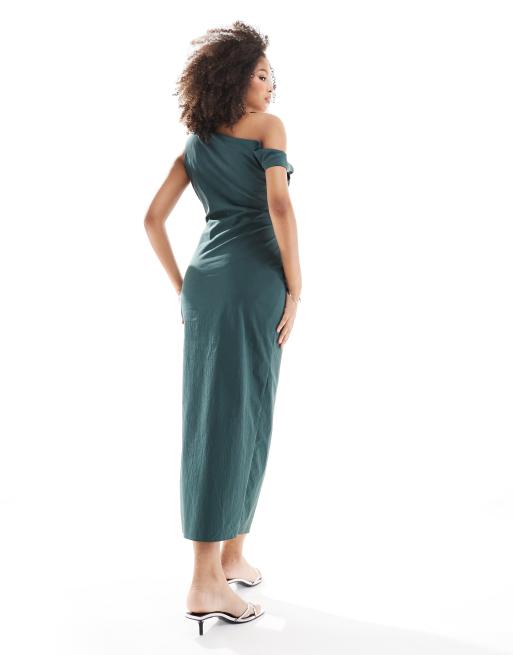 ASOS DESIGN - Midi jurk met geplooide taille en verlaagde schouder in bosgroen, 3 van 4
