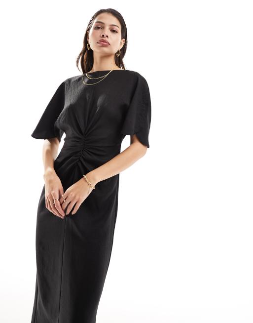 ASOS DESIGN - Midi-jurk met gerimpeld detail en fladdermouwen in zwart