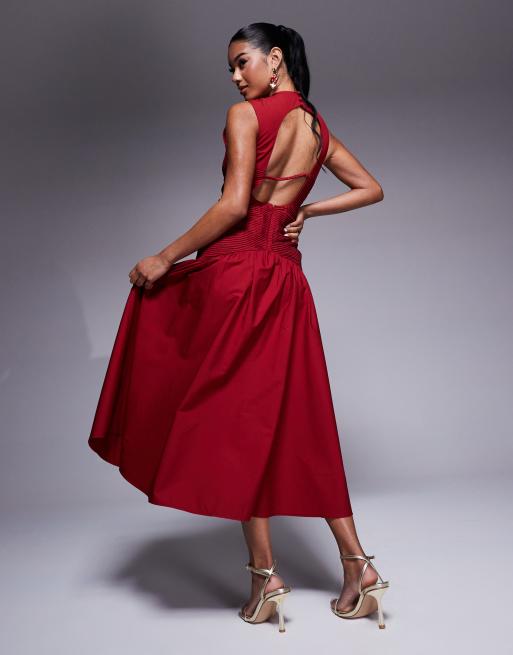 ASOS DESIGN- Midi-jurk met gerimpeld lijfje en trekkoord in het midden in rood, 2 van 4
