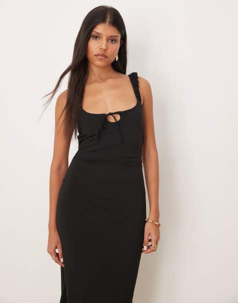 ASOS DESIGN - Midi-jurk met gerimpelde kapmouwtjes en gestrikte voorkant in zwart - view 1