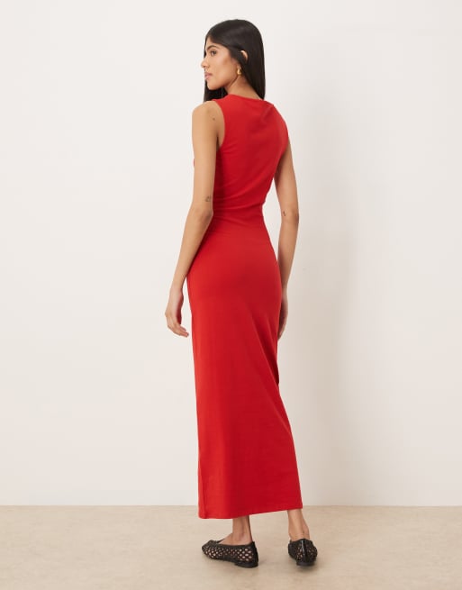 ASOS DESIGN - Midi-jurk met gerimpelde zijkant en rechte hals in rood, 3 van 4