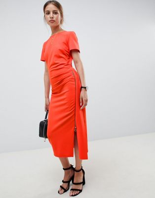 ASOS DESIGN - Midi-jurk met gerimpelde zijkant en rits-Rood
