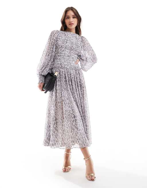 ASOS DESIGN - Midi-jurk met gesmokt lijfje en gestrikte achterkant in luipaardprint