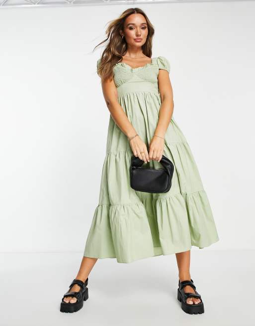 ASOS DESIGN - Midi jurk met gesmokte buste en rok met stroken in saliegroen, 4 van 4