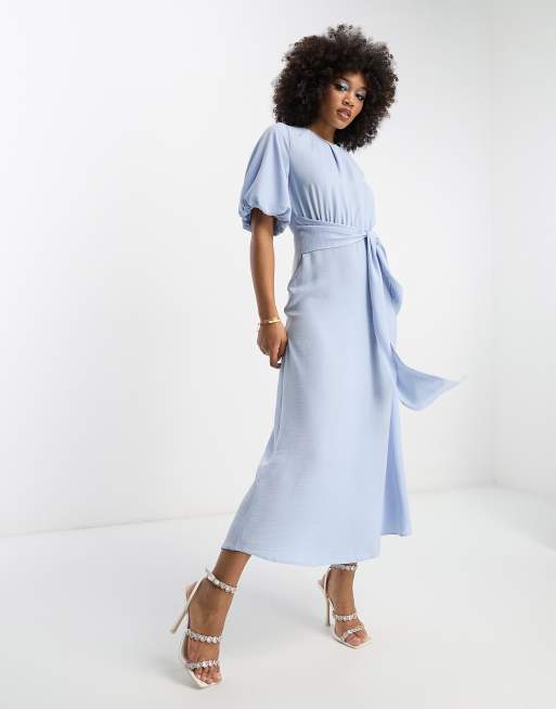 ASOS DESIGN Midi jurk met gestrikte taille en pofmouwen in