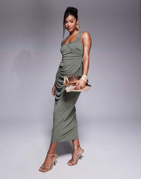 ASOS DESIGN - Midi jurk met gevormde halslijn, brede bandjes en gedrapeerde rok in kaki - view 1