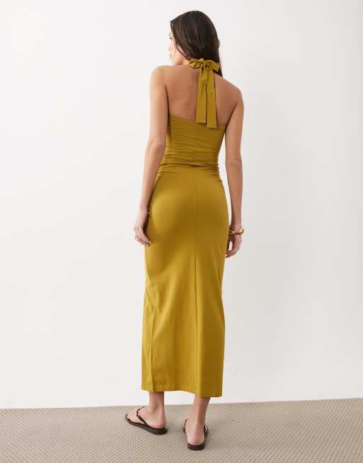 ASOS DESIGN - Midi jurk met halternek en gerimpelde voorkant in olijfgroen, 4 van 4
