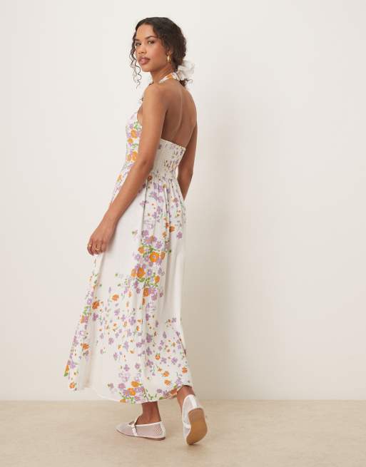ASOS DESIGN - Midi jurk met halternek en godetzoom in wit met bloemenprint , 3 van 4