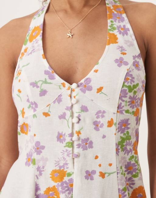 ASOS DESIGN - Midi jurk met halternek en godetzoom in wit met bloemenprint , 4 van 4