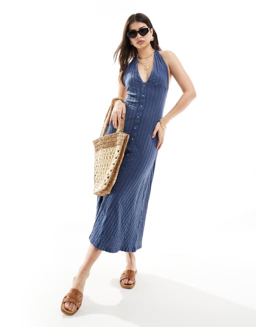 ASOS DESIGN - Midi jurk met halternek en knopen aan de voorkant in blauw denim