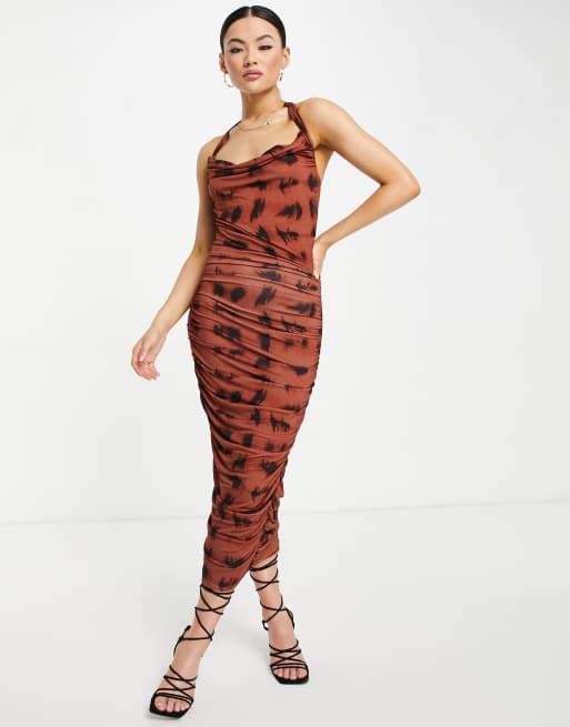 ASOS DESIGN - Midi-jurk met halternek en ruches in vlekkerige dierenprint 