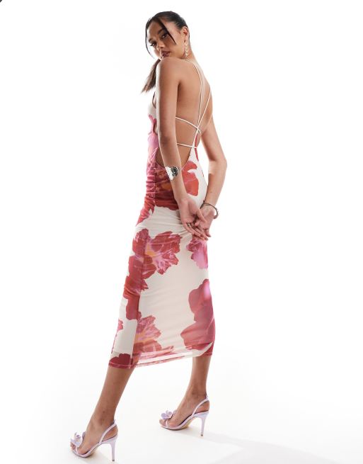 ASOS DESIGN - Midi jurk met halternek, open achterkant en bloemenprint in roze