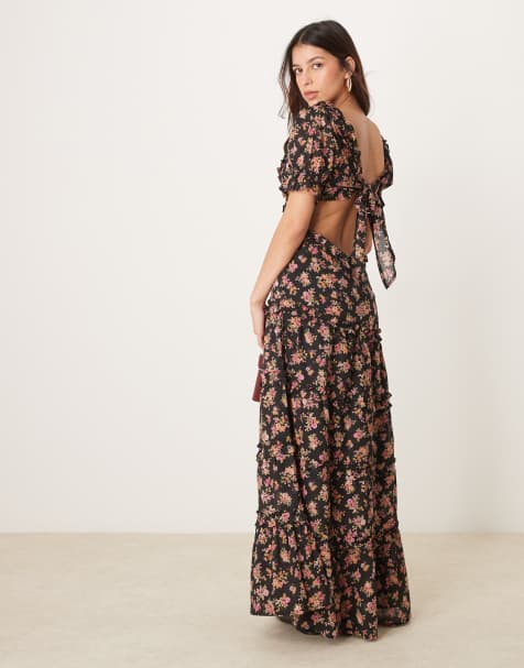 ASOS DESIGN - Midi-jurk met hartvormige halslijn, uitsnijding en bloemenprint op donkere ondergrond - view 1