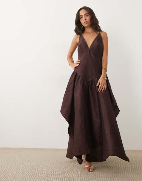 ASOS DESIGN midi-jurk met hoge en lage zoom in chocoladebruin - view 1
