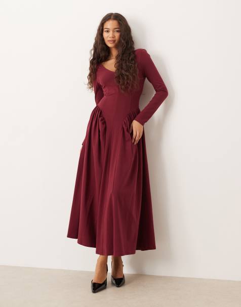 ASOS DESIGN - Midi-jurk met hoge taille, V-hals en lange mouwen in bordeauxrood - view 1