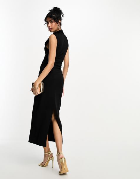 ASOS DESIGN - Midi jurk met hoogsluitende hals en gerimpelde zijkant in zwart  - view 1
