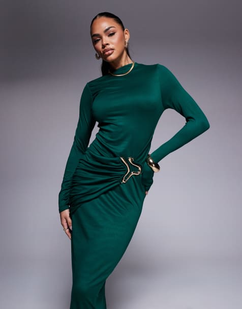 ASOS DESIGN - Midi-jurk met hoogsluitende rechte hals en gouden hardware-accent in flessengroen - view 1