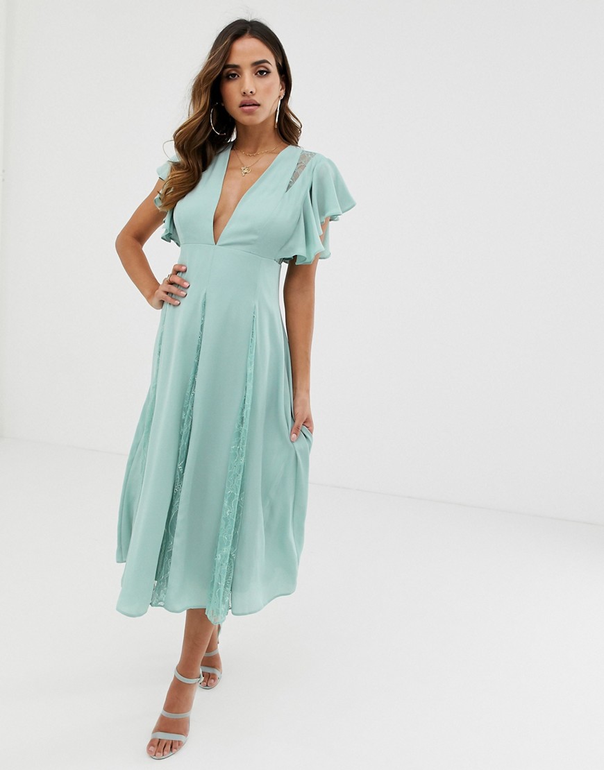 ASOS Design - Midi-jurk met kanten inzetstuk-Groen