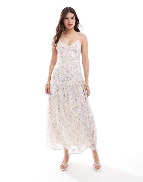ASOS DESIGN - Midi jurk met kanten inzetstukken en fijne lilakleurige bloemenprint - view 1