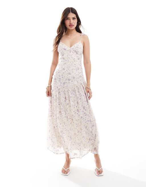 ASOS DESIGN - Midi jurk met kanten inzetstukken en fijne lilakleurige bloemenprint