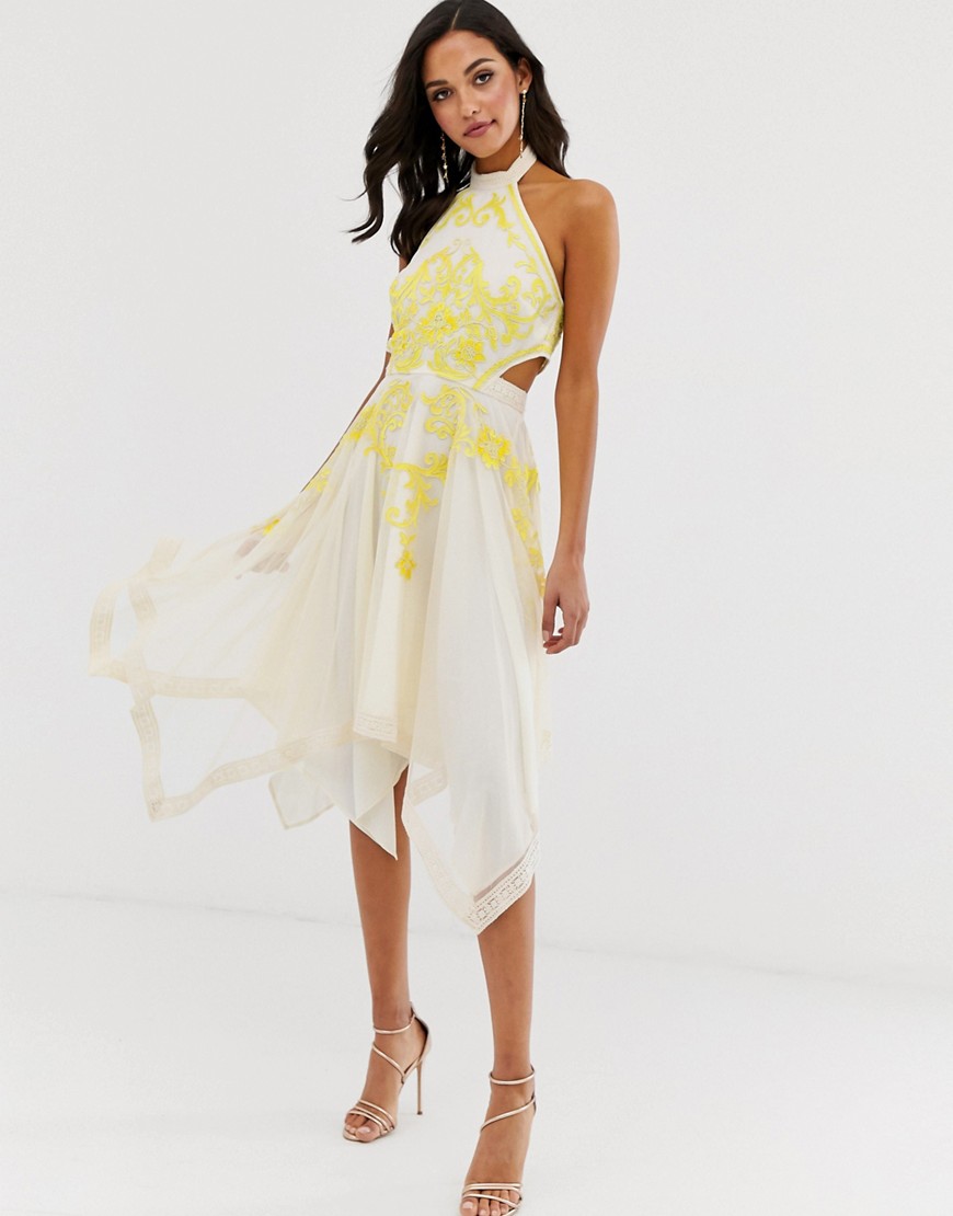 ASOS DESIGN - Midi-jurk met kanten inzetstukken, open achterkant en borduursels-Geel